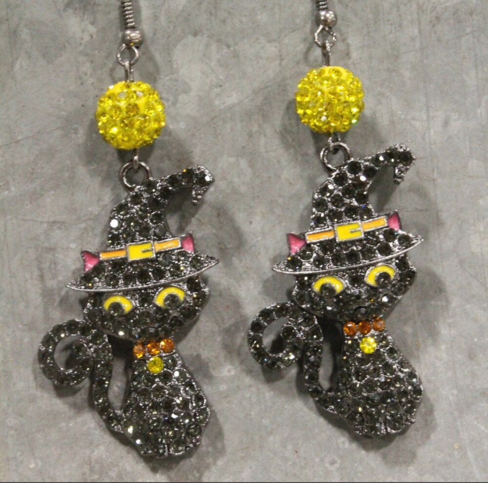 NEW PurrrFect Kitty Dangle Earrings, The Primitive Peddler, Black Sparkle Cat